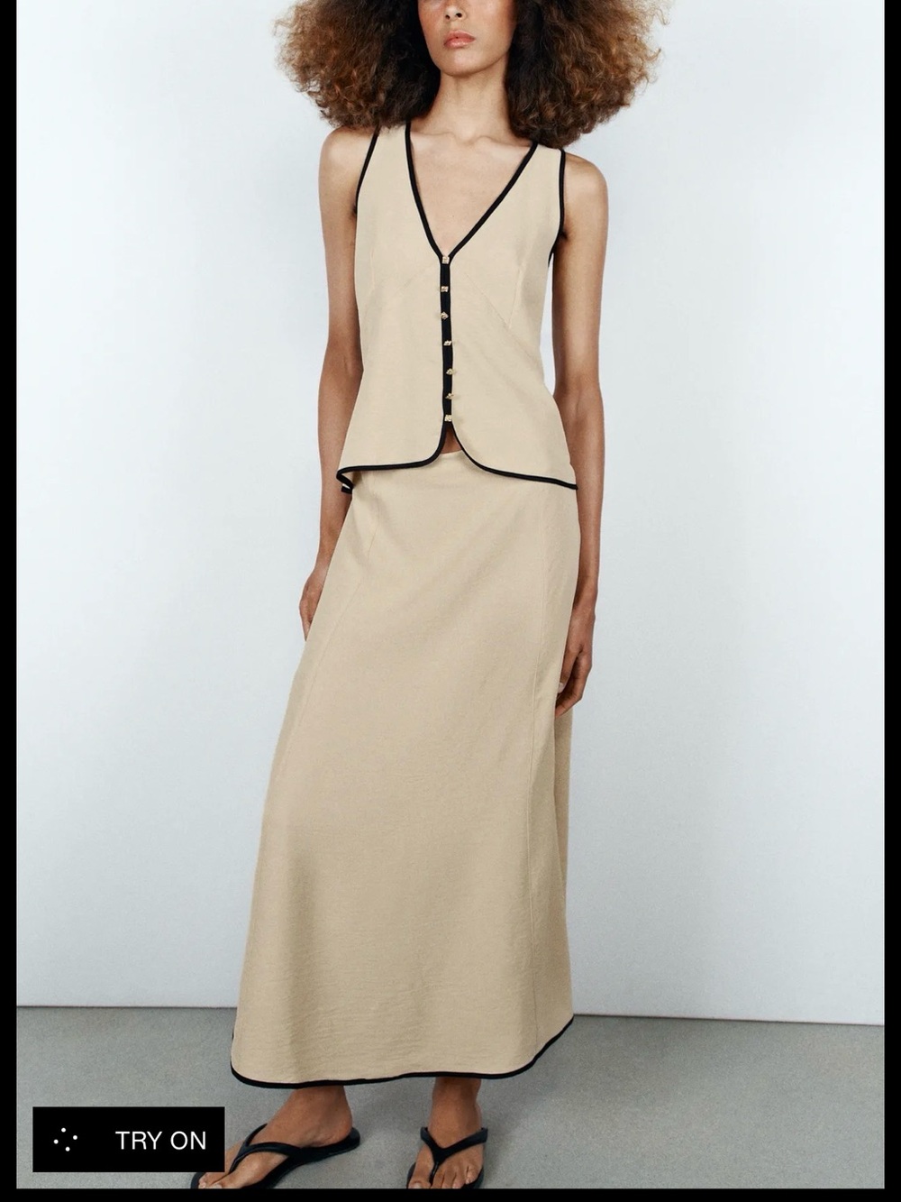 Zara Beige Midi Dress with Black Piping